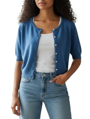 Marina Luna Short Sleeve Teal Angora Blend Cardigan Rhinestone Buttons Soft Knit